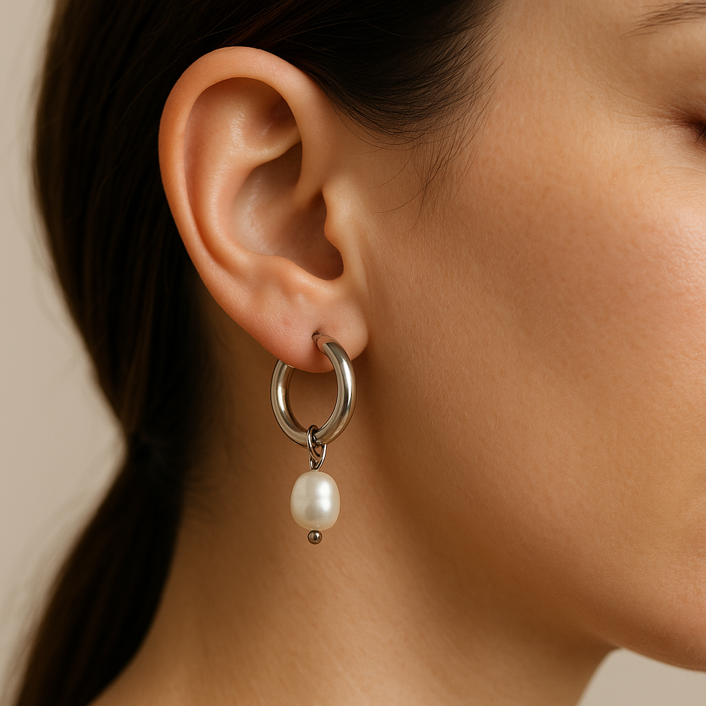 תקריב: עגיל PEARL XS SILVER חישוק כסף עם פנינה לבנה תלויה ונקודת כסף קטנה, על אוזן דוגמנית.