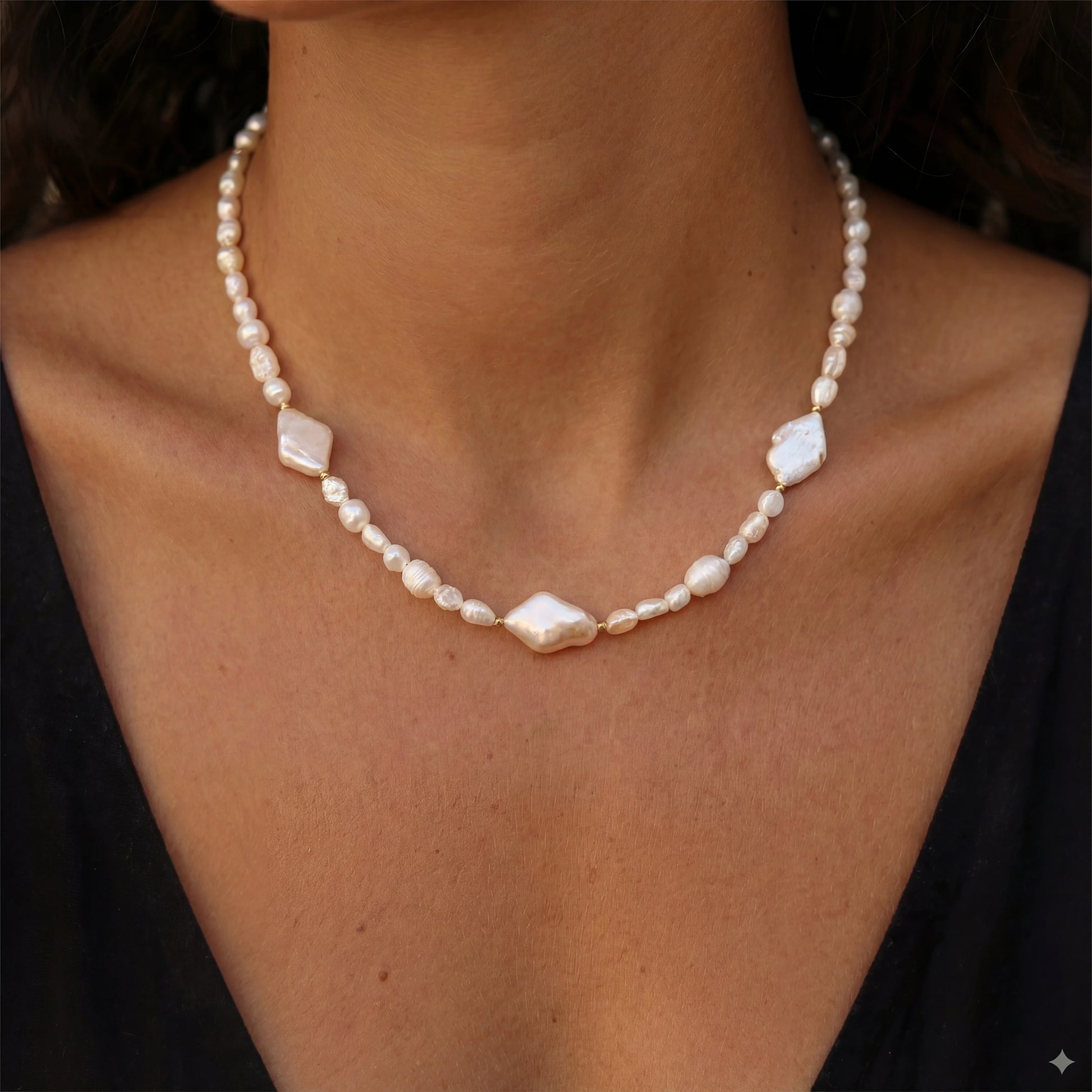 שרשרת SHAI NECKLACE יוקרתית מבית Lidi, משלבת פניני מים מתוקים וחרוזי גולדפילד 14 קראט בעיצוב וינטג' מרהיב.