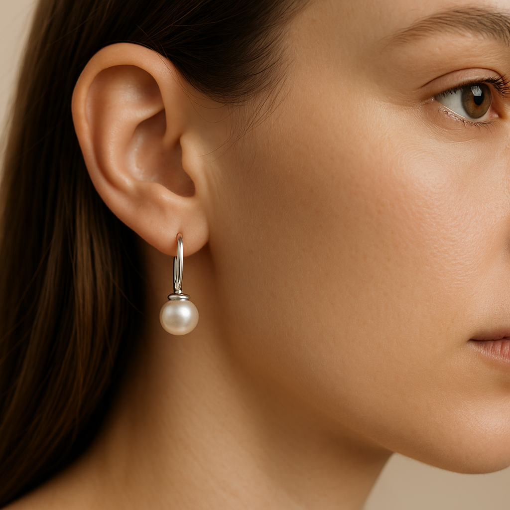 עגיל BERI עם פנינה לבנה, על אוזן דוגמנית בתקריב פרופיל המבליט את חישוק הכסף המודרני.