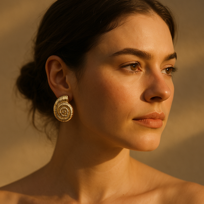 תקריב דוגמנית מביטה הצידה, עונדת עגיל SHAB GOLD EARRINGS זהב ספירלי בצורת קונכיה בתאורת שקיעה.