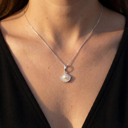 שרשרת SHELL NECKLACE מכסף 925 טהור של Lidi, עם תליון צדפה מעוצב ופנינה זוהרת. תכשיט יוקרתי ועמיד למים.